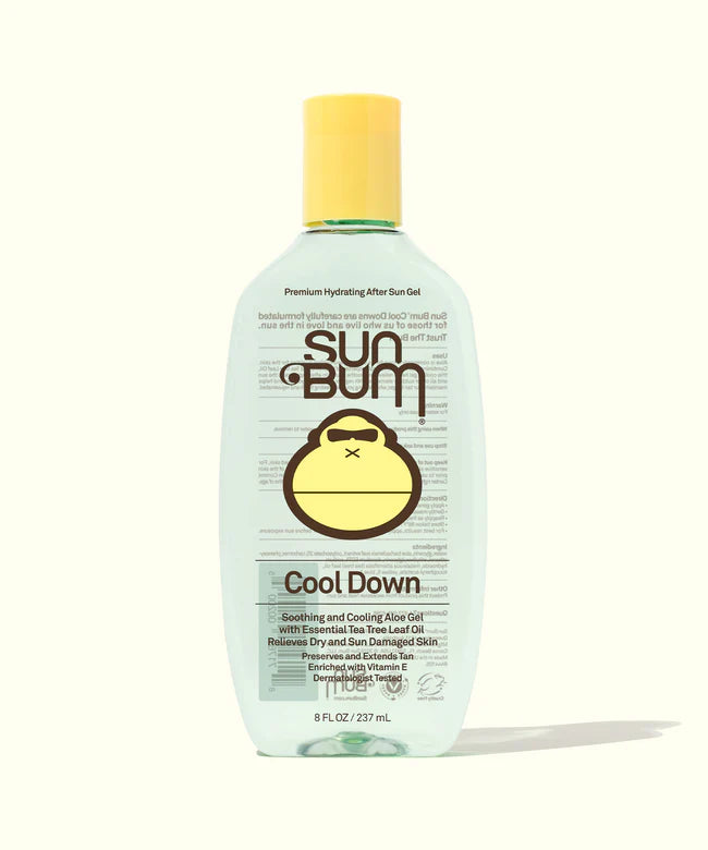 A clear 237ml bottle of Sun Bum Aloe Gel with a yellow cap soothes and cools sunburned or dry skin, enriched with moisturizing Vitamin E.