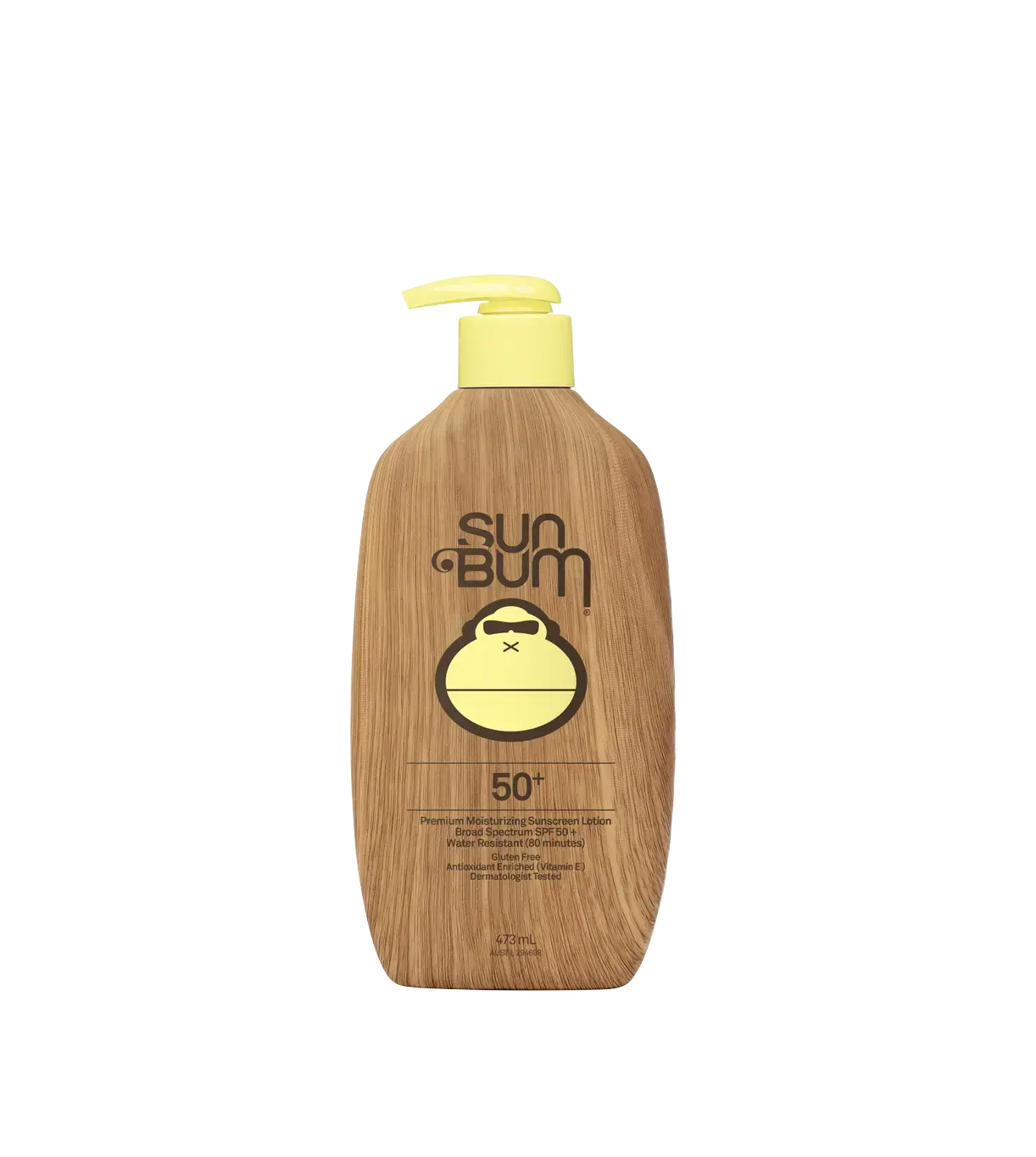 Sun Bum SPF50 LOTION (473ml) features broad spectrum UVA/UVB protection and Vitamin E, packaged in a yellow pump bottle with brown wood-textured design and the Sun Bum brand’s signature monkey logo.