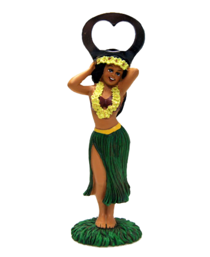The KC Hula Girl Bottle Opener, showcasing a dancer with a green skirt and yellow lei, is a fun and quirky gift for any occasion.