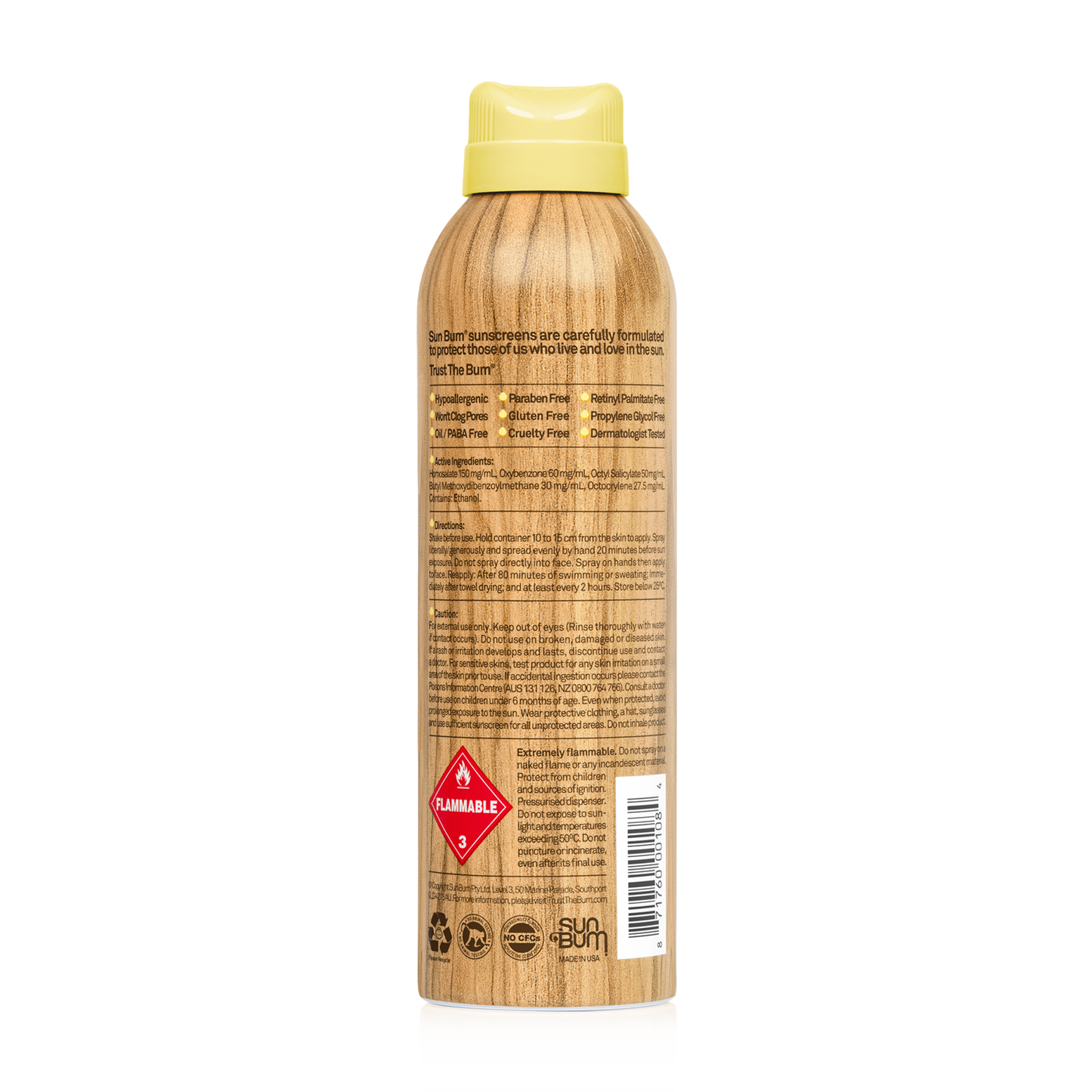 A Sun Bum SPF50 Spray (177ml) can with a woodgrain design and yellow cap, back label listing product details, warnings, SPF info, and a flammable symbol.