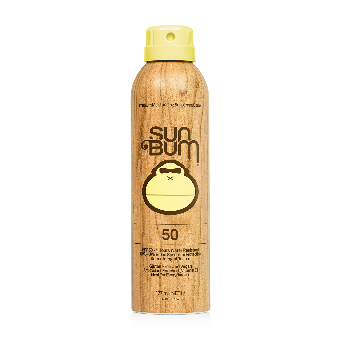 A can of Sun Bum SPF50 Spray (177ml) stands upright, featuring a wood-grain design and yellow cap. It offers Broad Spectrum protection with added Vitamin E, and product details are displayed on the front.