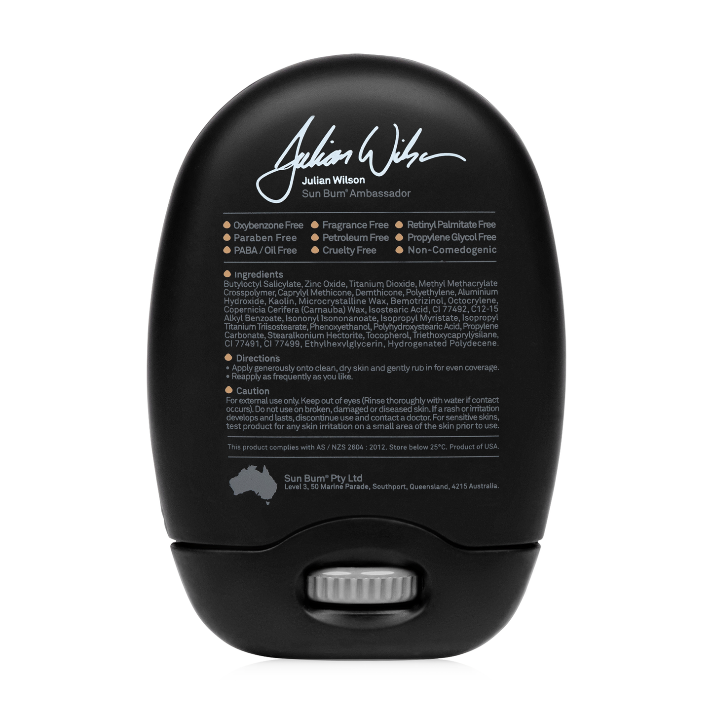 Sun Bum Signature SPF40 Tinted Stick (13g) in a black bottle shows product details, including mineral sunscreen ingredients, Broad Spectrum protection, cruelty-free, fragrance-free, non-comedogenic claims, and Julian Wilsons signature at the top.