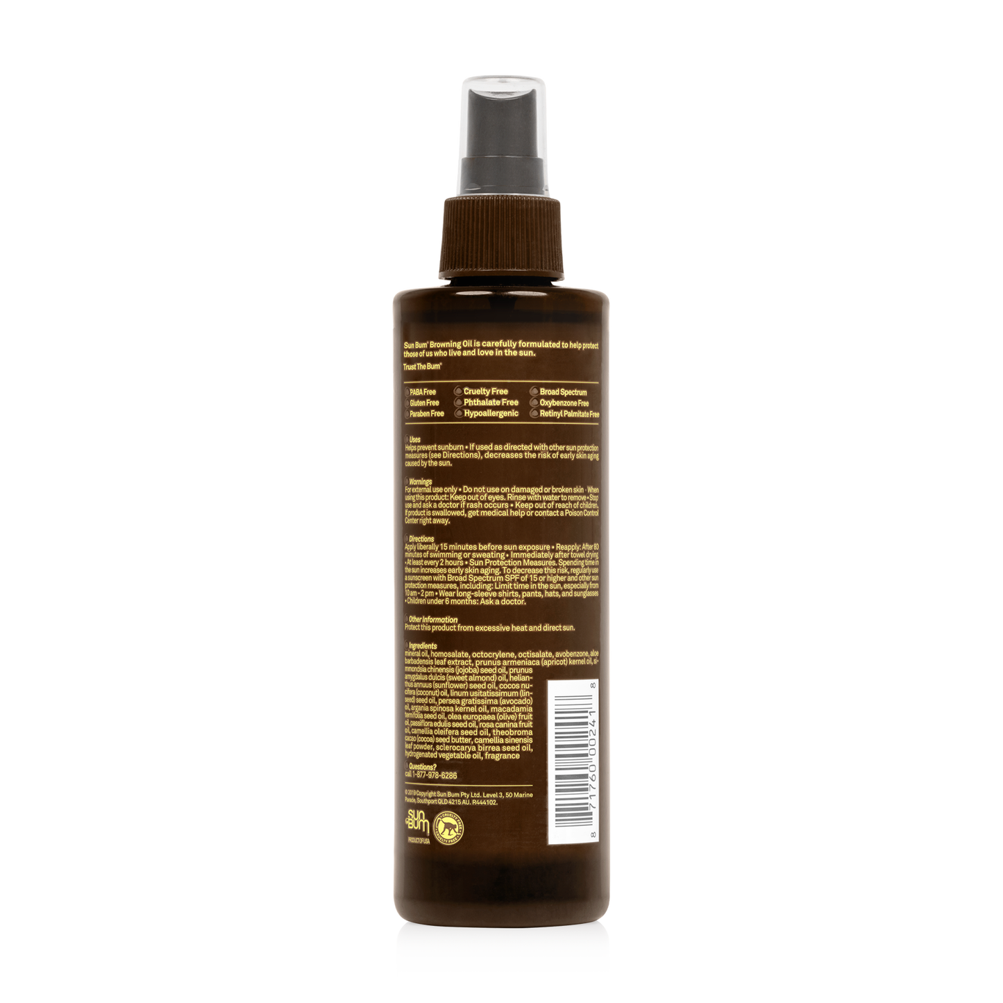 A brown Sun Bum SPF15 Browning Oil spray bottle (250ml) with a gray cap features a back label with product details and directions, offering tanning oil and sun protection.