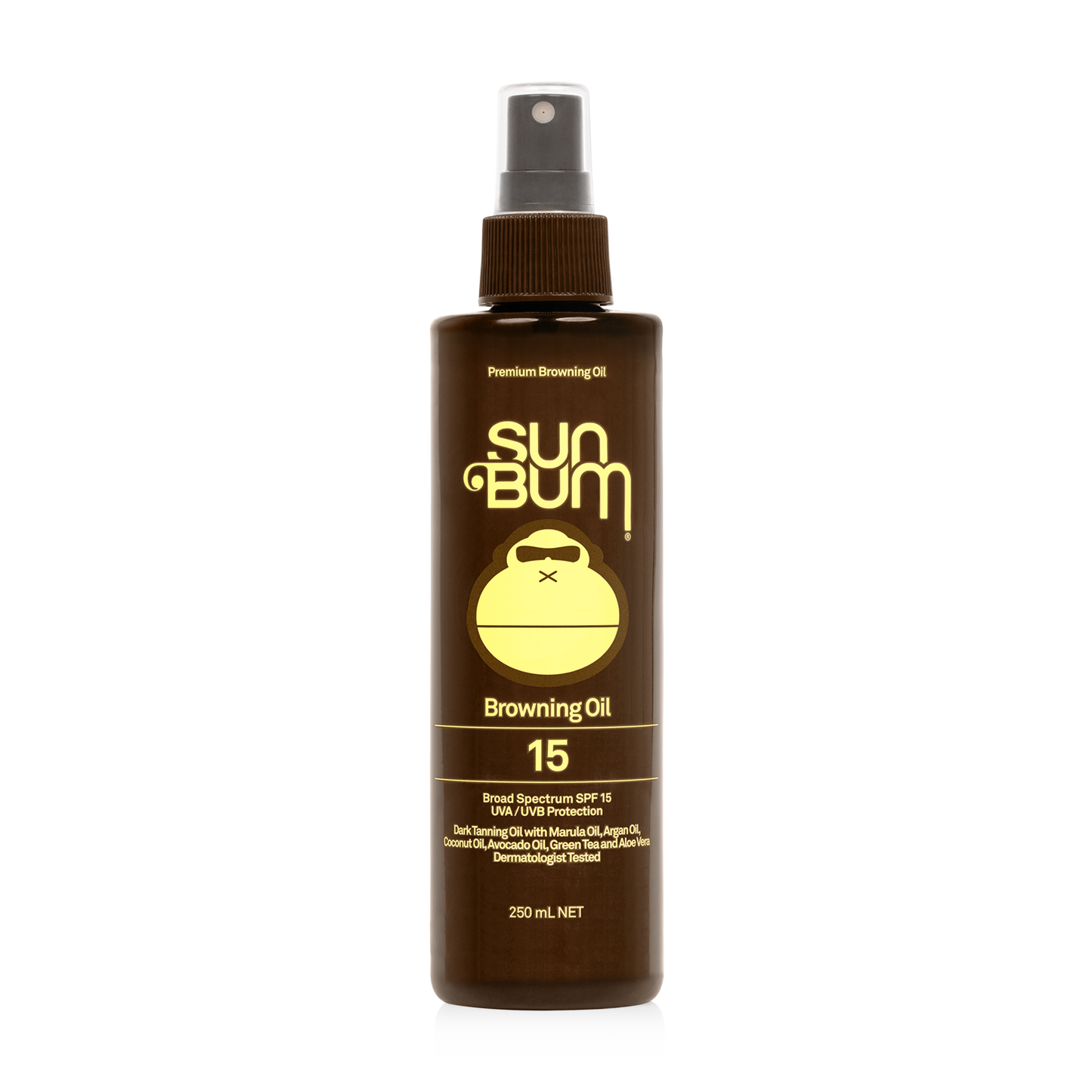 A brown Sun Bum SPF15 Browning Oil 250ml spray bottle with a yellow label and cap stands upright on a reflective surface.