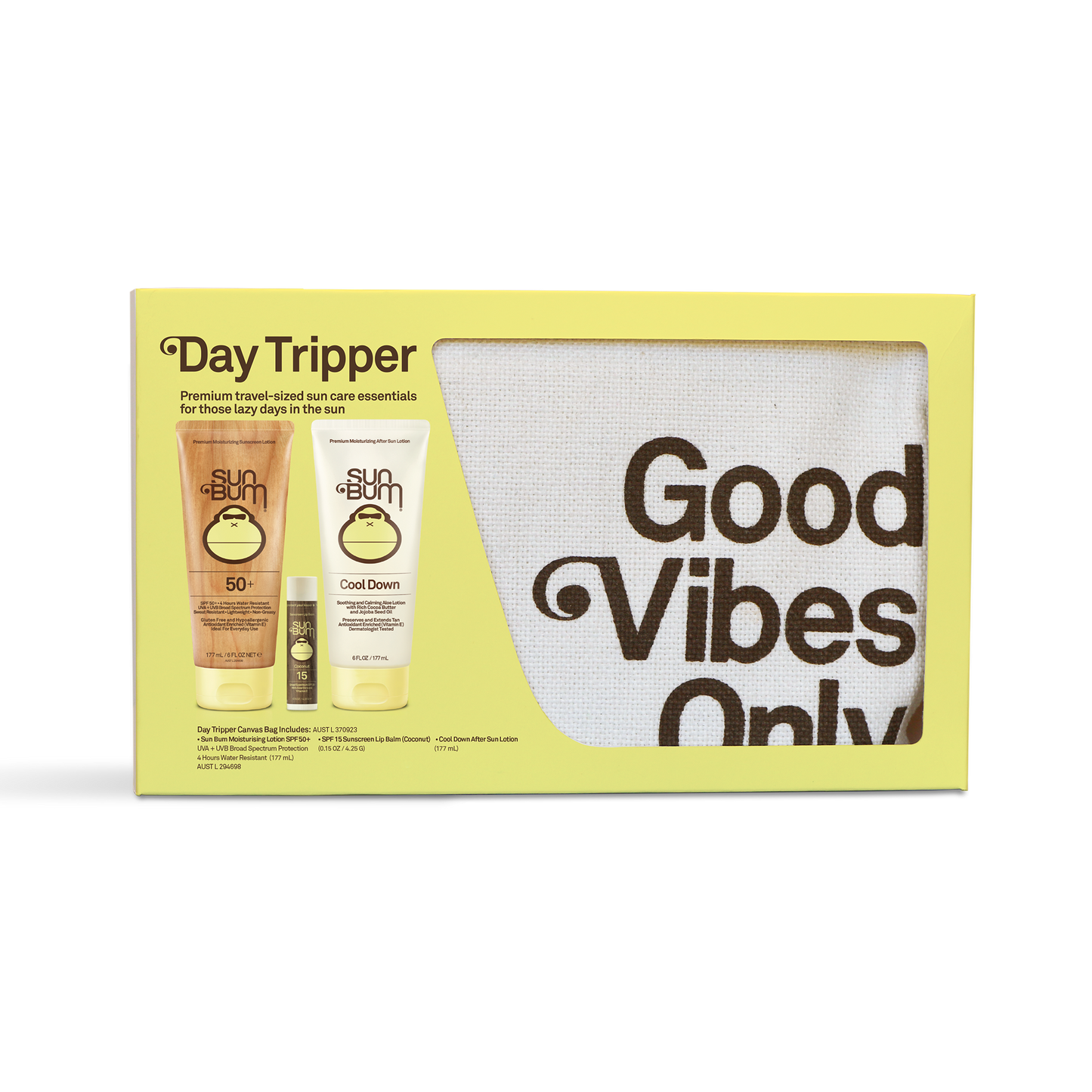 The Sun Bum Day-Tripper Pack by Sun Bum includes sunscreen, lip balm, and after-sun lotion, plus a “Good Vibes Only” towel—all in a cheerful yellow box.