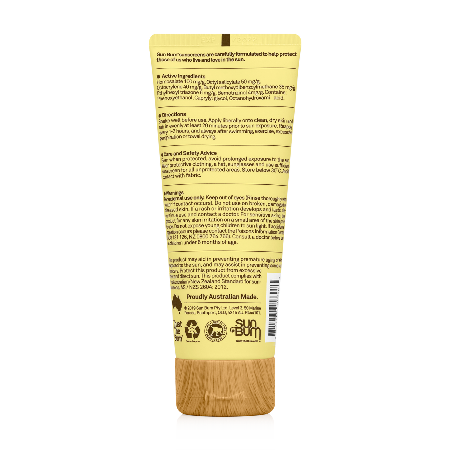 Back label of Sun Bum SPF50 Face Lotion (88ml) displays ingredients, usage, safety info, and warnings in black on yellow—ideal for anyone wanting a matte finish face sunscreen from Sun Bum.