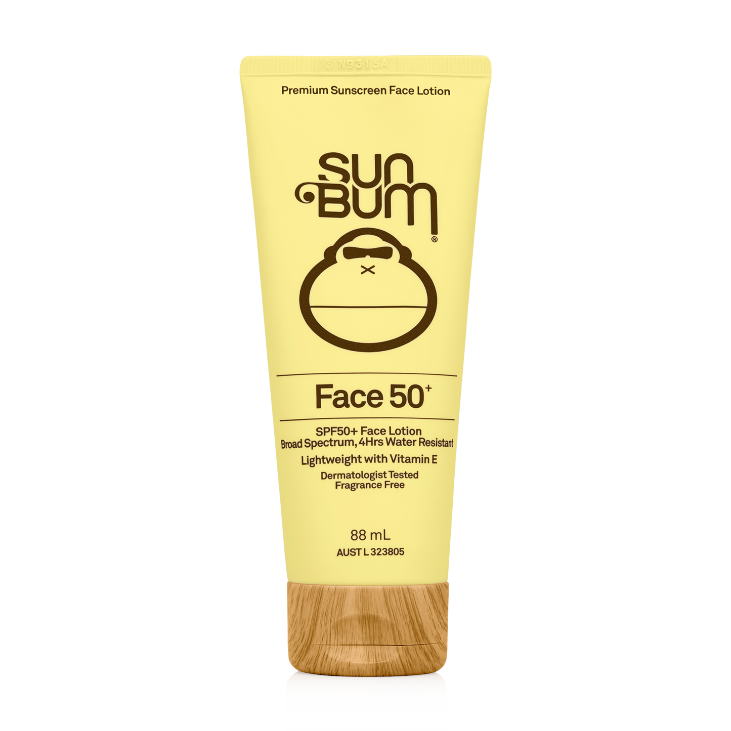 A yellow tube of Sun Bum SPF50 Face Lotion | 88ml, featuring a matte finish and brown-printed product details on the front.