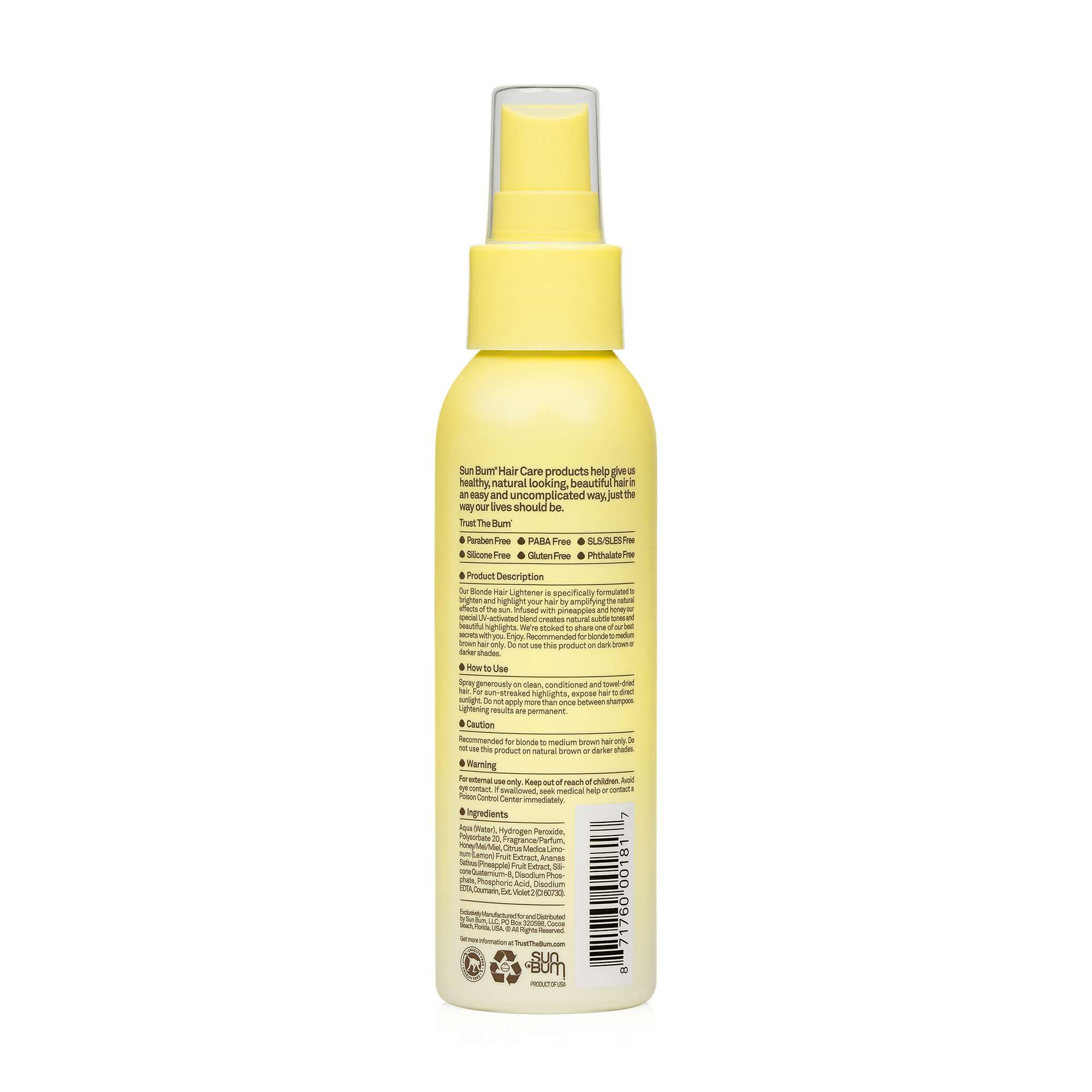 A yellow Sun Bum Blonde Hair Lightener spray bottle is shown from the back with product details, usage instructions, and ingredients in black text. Features a UV-Activated Blend for natural blonde highlights.