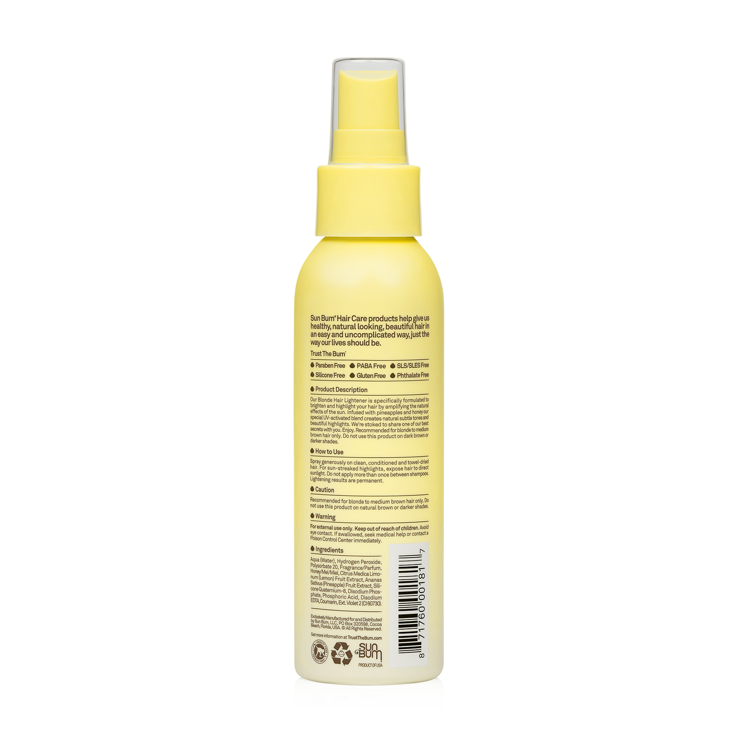 A yellow Sun Bum Blonde Hair Lightener spray bottle is shown from the back with product details, usage instructions, and ingredients in black text. Features a UV-Activated Blend for natural blonde highlights.