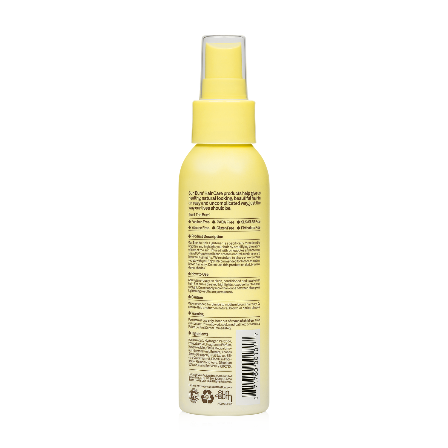 A yellow Sun Bum Blonde Hair Lightener spray bottle is shown from the back with product details, usage instructions, and ingredients in black text. Features a UV-Activated Blend for natural blonde highlights.