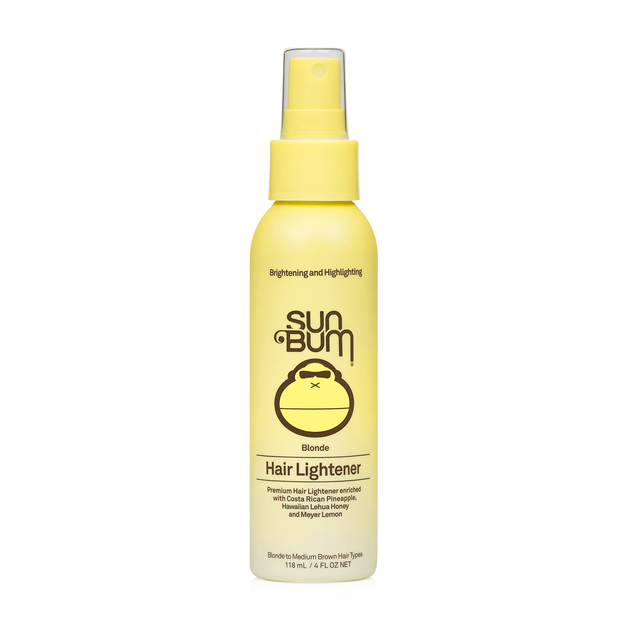 A 118 ml (4 fl oz) yellow bottle of Sun Bum Blonde Hair Lightener spray with a pump top, featuring a UV-Activated Blend for natural highlighting and brightening by Sun Bum.