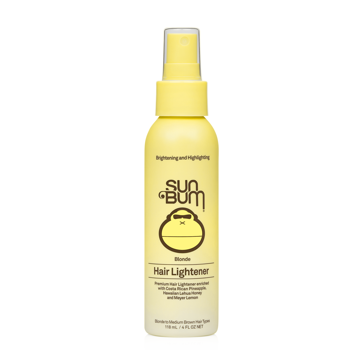 A 118 ml (4 fl oz) yellow bottle of Sun Bum Blonde Hair Lightener spray with a pump top, featuring a UV-Activated Blend for natural highlighting and brightening by Sun Bum.