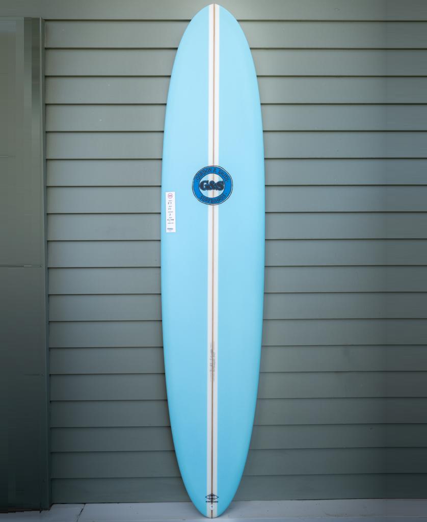 The G&S 91 Hotdogger Matte Finish longboard by Gordon & Smith, in light blue with a white center stripe and circular logo, known for excellent manoeuvrability, stands vertically against a gray paneled wall.