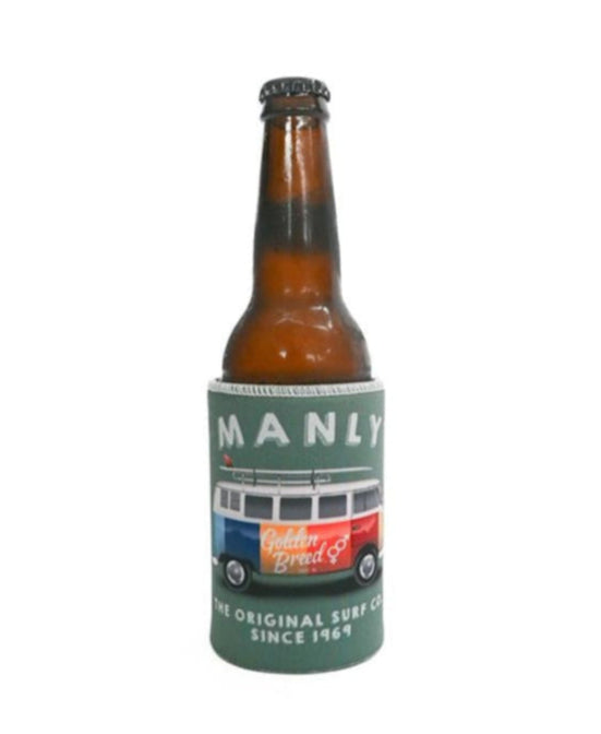 A brown glass bottle in a Surf Green neoprene Manly Stubby Kombi holder by Golden Breed, featuring MANLY and Golden Breed text, a surf van graphic, and The Original Surf Co. Since 1969.