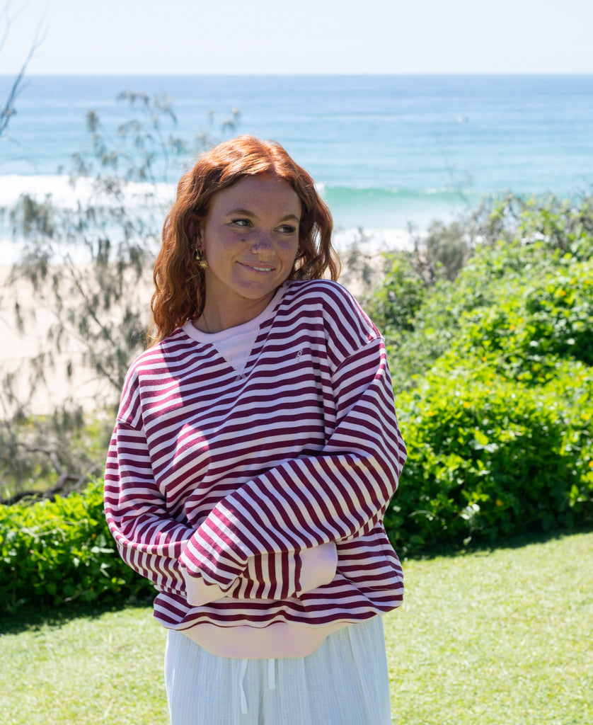 Ralph Stripe Ringer Crew | Baby Pink / Plum