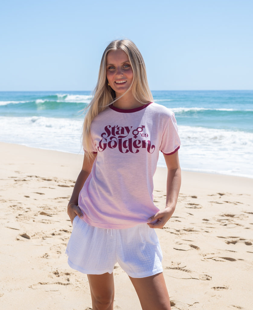 Golden Breed Stay Golden Ringer | Baby Pink / Plum - T-Shirts