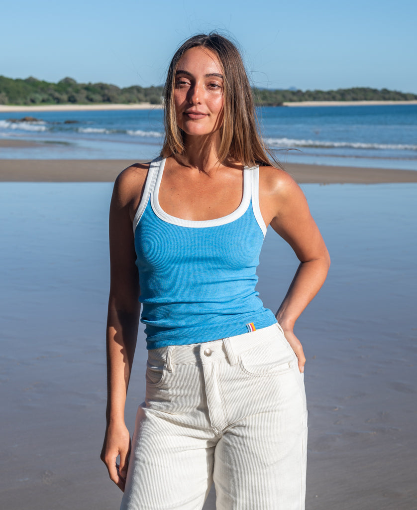 Golden Breed Flick Ringer Tank | Aqua/Off White - Tank Tops