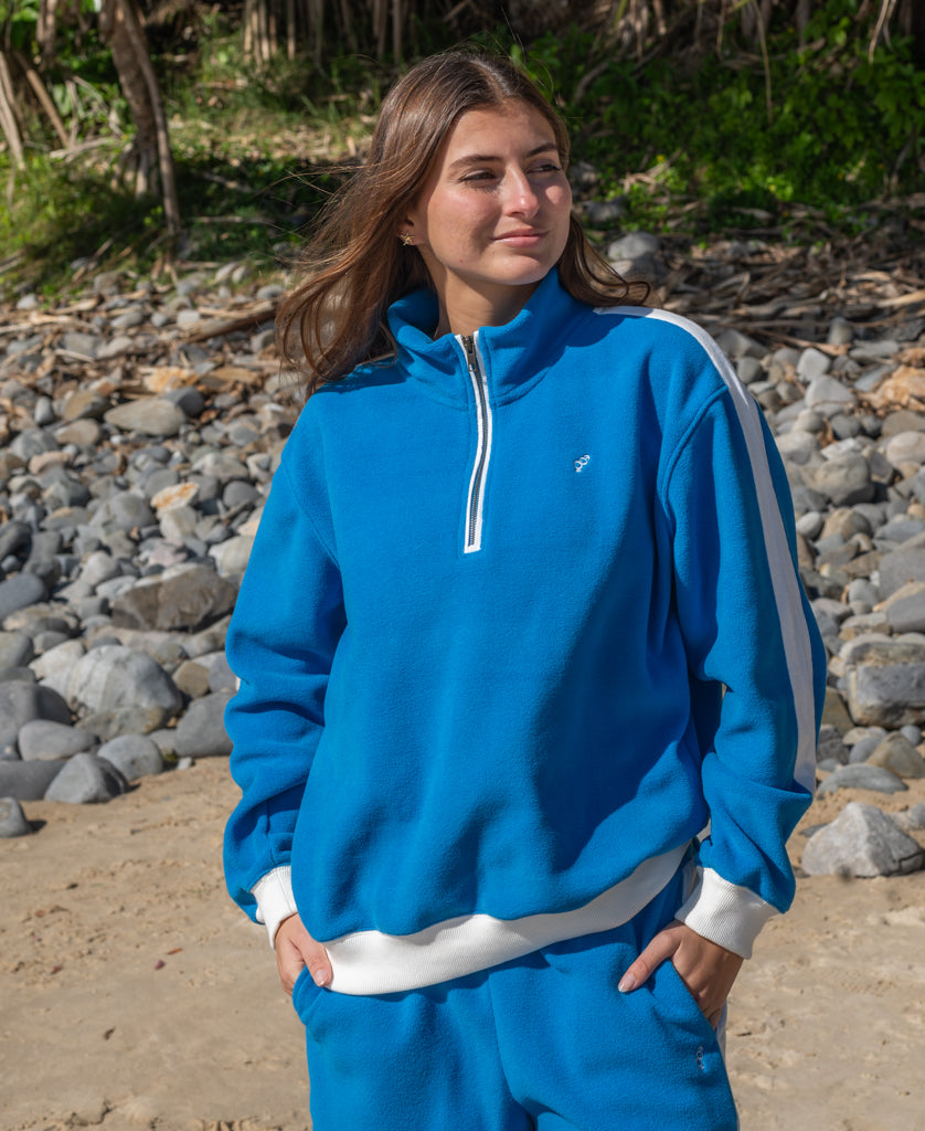 Golden Breed Peggy 1/2 Zip Retro Sweat | Aqua/Off White - Sweaters