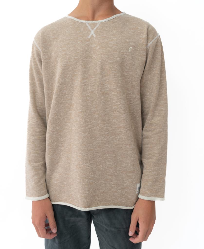 A person wears the Golden Breed Classic Rag Top in Coffee Marle, featuring a retro style with white trim and dark pants, standing against a plain white background.