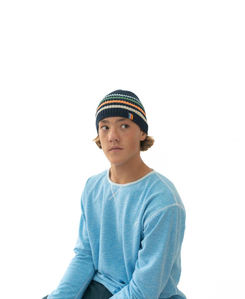 Organic Cotton Beanie Thin Stripe | French Navy-Golden Breed
