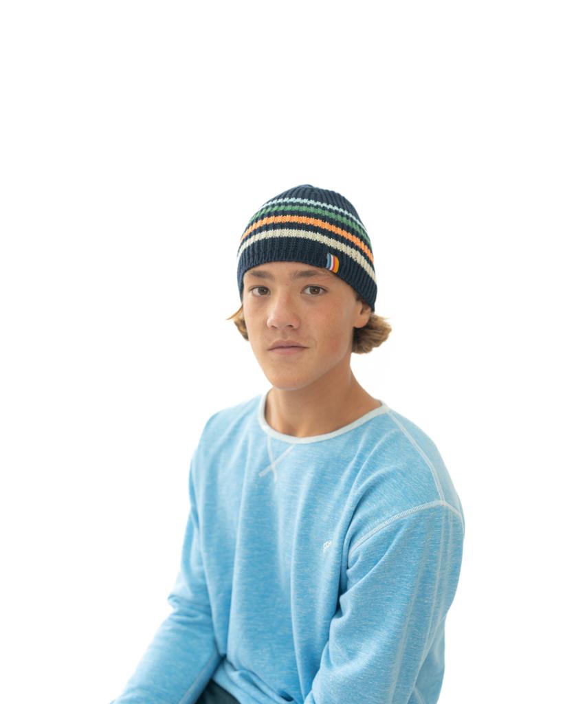 Organic Cotton Beanie Thin Stripe | French Navy-Golden Breed