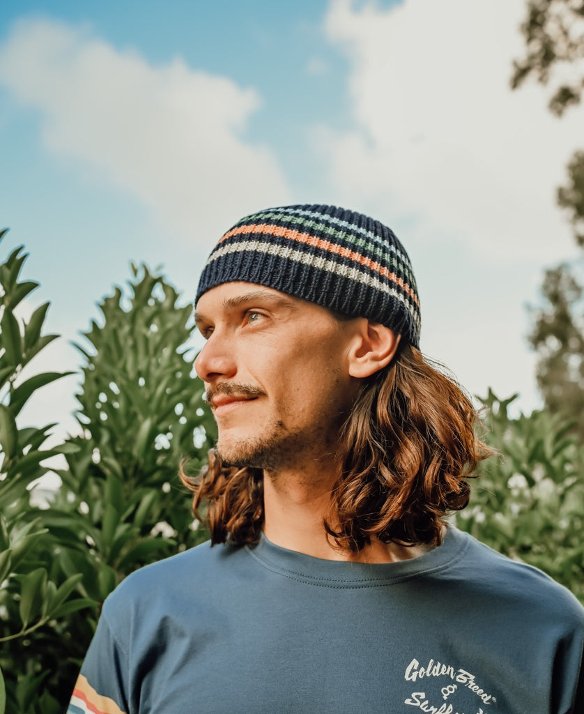 Organic Cotton Beanie Thin Stripe | French Navy-Golden Breed