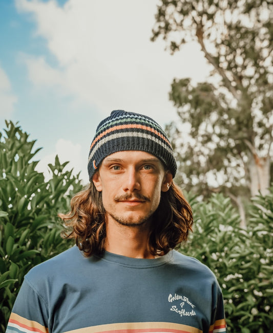 Organic Cotton Beanie Thin Stripe | French Navy-Golden Breed