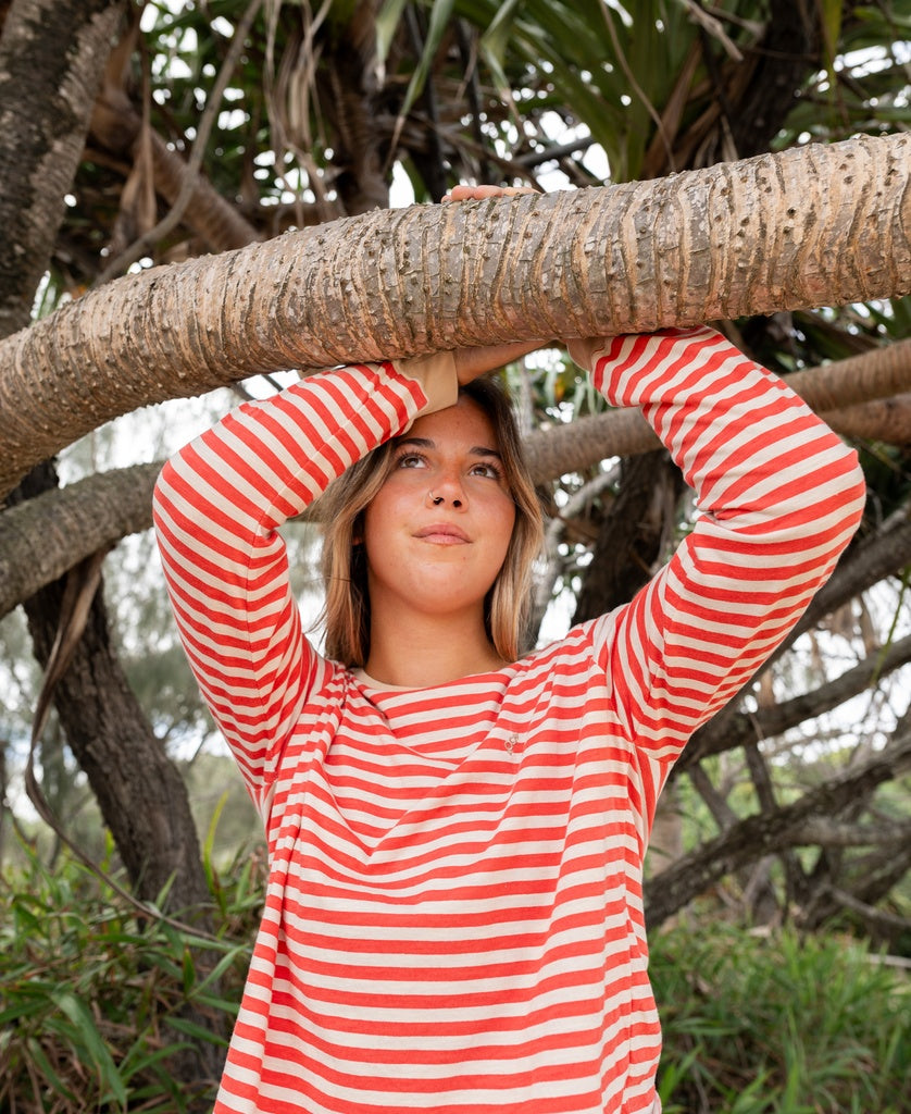 Ollie Stripe LS Ringer | Wash Red/Beige