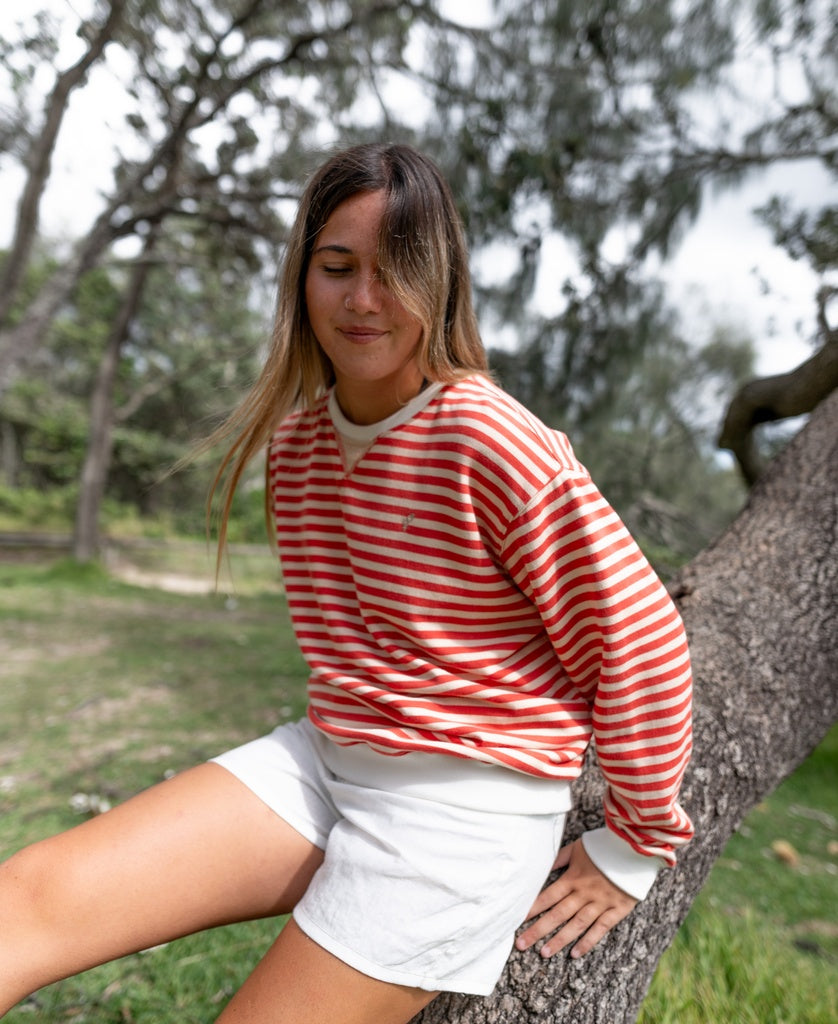 Ralph Stripe Ringer Crew | Wash Red/Beige
