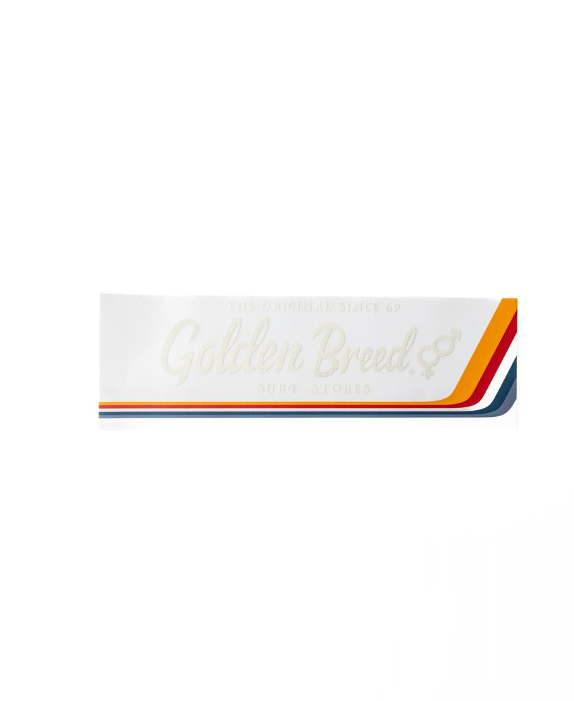 The Golden Breed GB Retro Sticker 220mm | Clear features a white rectangular design with faint “Golden Breed” text and thin yellow, red, orange, and blue stripes along the bottom right edge for a crisp, retro-inspired look.