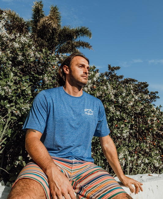 A man in a blue T-shirt and Golden Breed Daze Boardie | Stripe shorts sits outdoors on a white ledge, with green foliage and a palm tree behind him under a clear blue sky.