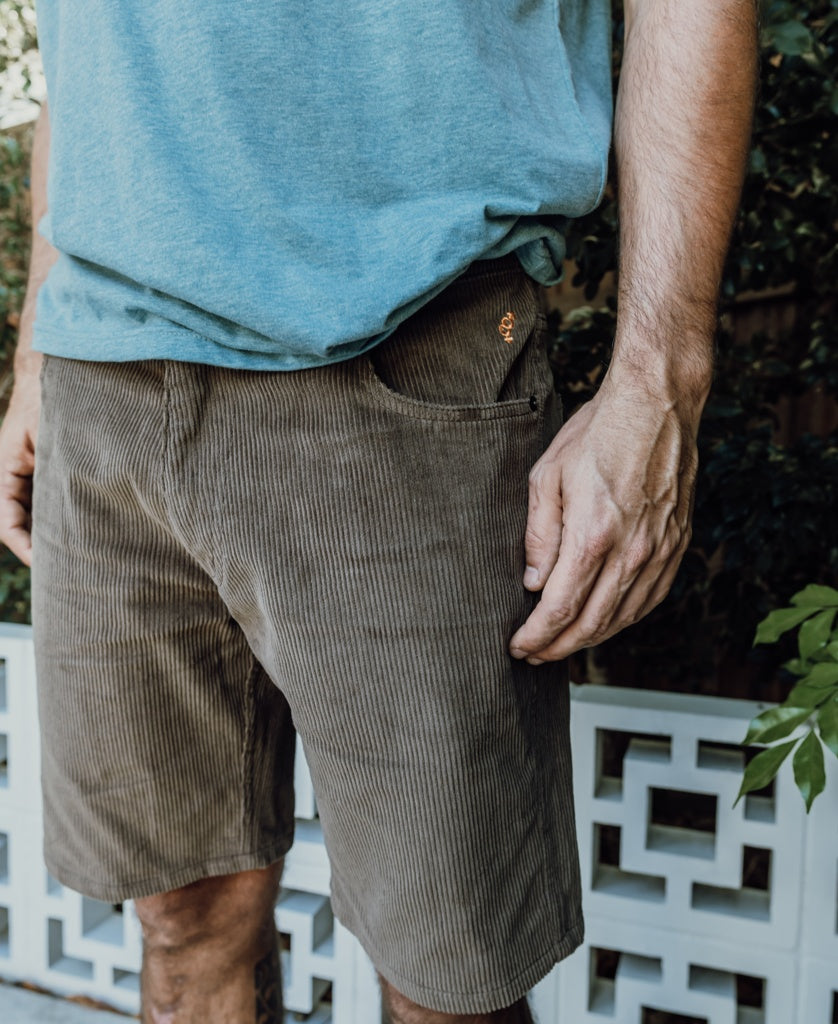 A person wearing a blue T-shirt and Golden Breeds Floyd Cord Walkshort in Wash Brown stands outdoors by a white patterned wall and green foliage.