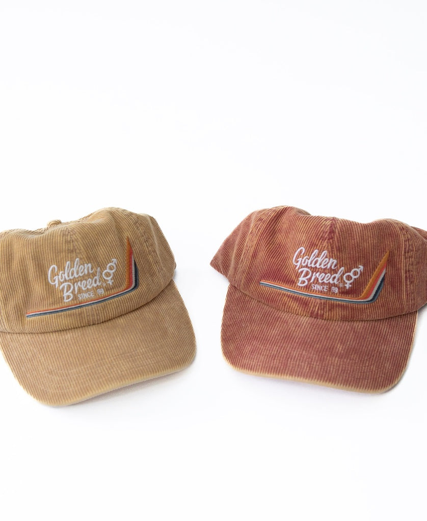Two unisex adjustable Hancock Cord Caps by Golden Breed in camel and red, each with the Since 69 logo and a front rainbow design, are shown on a white background.