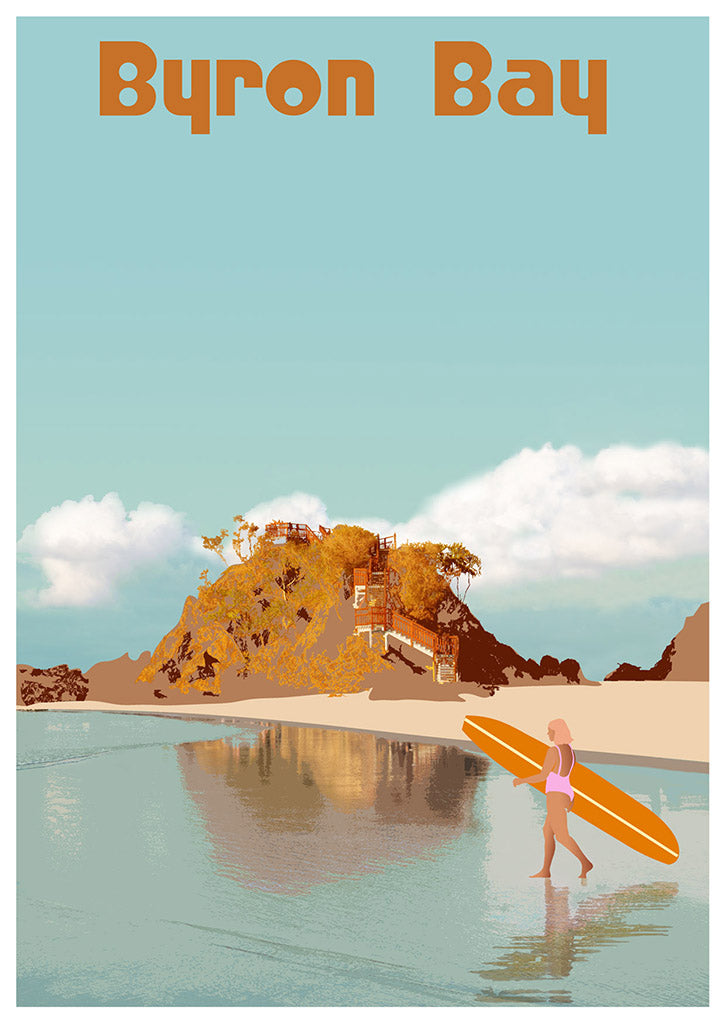 The Pass illustrated poster by Let Me Sea features a vintage-inspired view of Byron Bay’s sandy beach, surfer with board, and rocky vegetation beneath a partly cloudy sky.