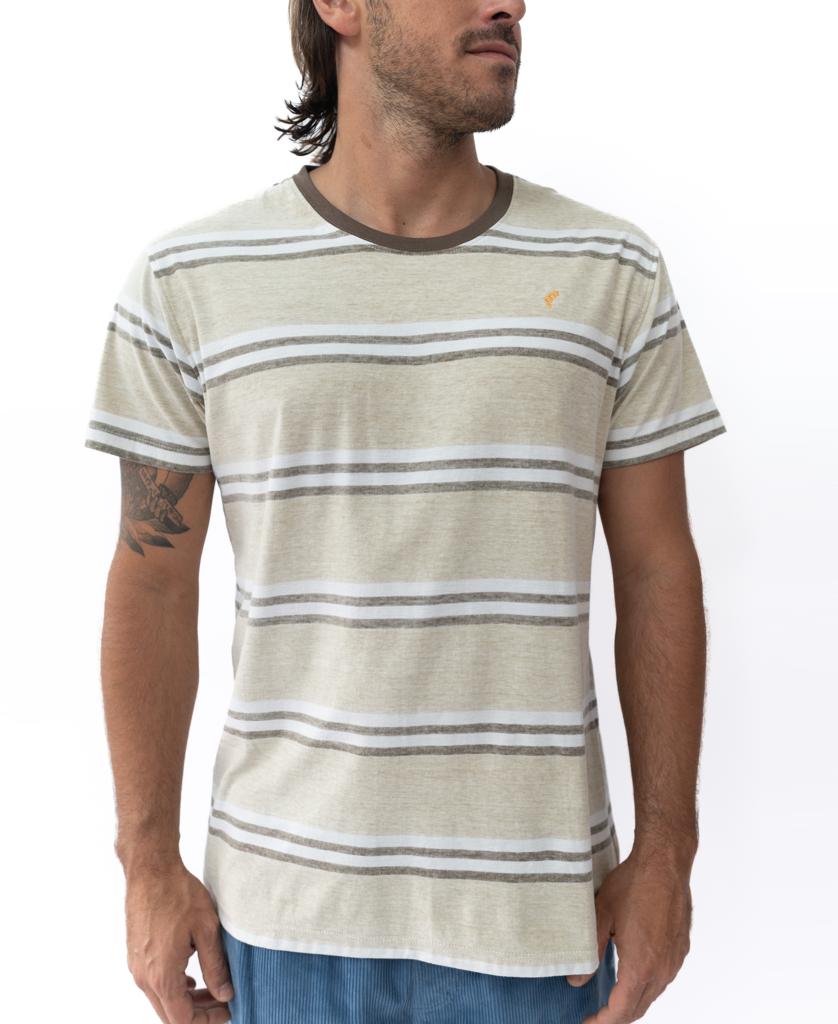 A man wearing a Golden Breed Bay Stripe Tee in mocha, a short-sleeve cotton shirt with horizontal gray and white stripes and a small embroidered chest logo.