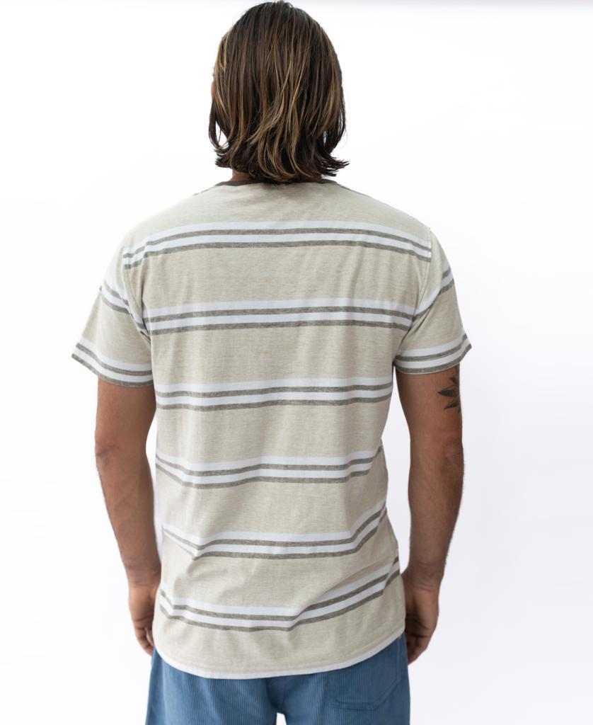 A person with shoulder-length hair, facing away, wears the Golden Breed Bay Stripe Tee in Mocha and blue shorts, shown against a white background.