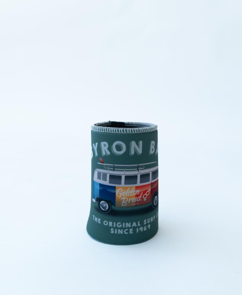 The Byron Stubby Kombi | Surf Green by Golden Breed features a van illustration and the text “BYRON BAY,” “Golden Breed,” and “The Original Surf Co. Since 1969.”.