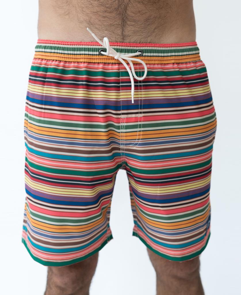 A person wearing the Golden Breed Daze Elastic Waist Boardie | Stripe, featuring colorful horizontal stripes, a white drawstring, and elastic waist, is shown from waist to mid-thigh against a plain background.