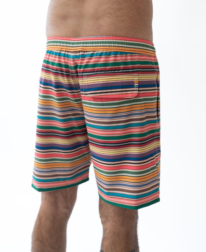 A person is shown from the waist down, back view, wearing Golden Breeds Daze Elastic Waist Boardie | Stripe—multi-colored striped shorts made with 4-way stretch recycled polyester/spandex for comfort, against a plain white background.