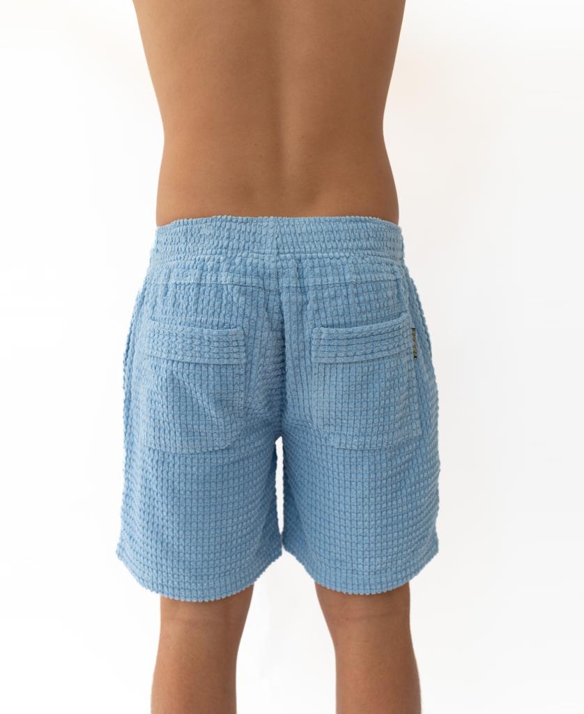 A person stands facing away, wearing Golden Breeds El Shorto Walkshort in Azure Blue with an elastic waist, set against a plain white background.