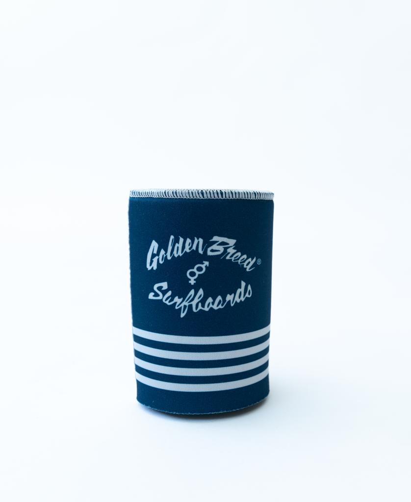 A navy Flinders Stubby Beach Boy holder by Golden Breed, featuring white Golden Breed Surfboards text and horizontal stripes near the base, photographed on a plain white background.