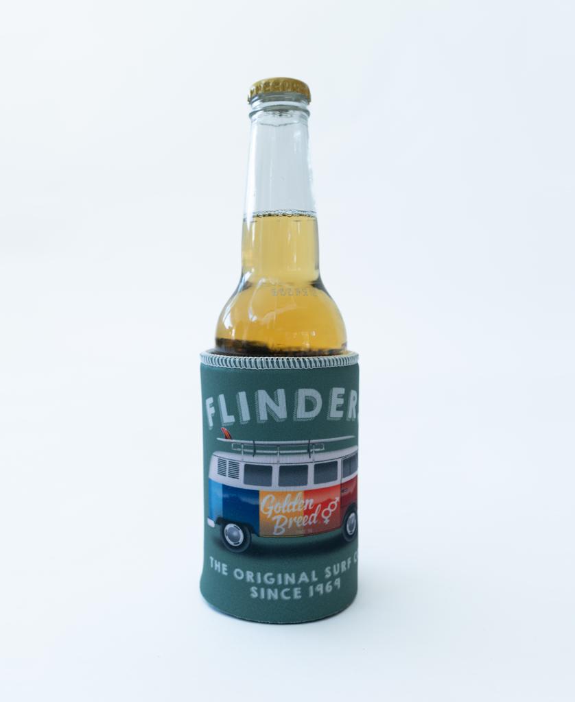 Enjoy your beer in the Flinders Stubby Kombi | Surf Green holder by Golden Breed, featuring a van illustration and The Original Surf Co. Since 1969 text.