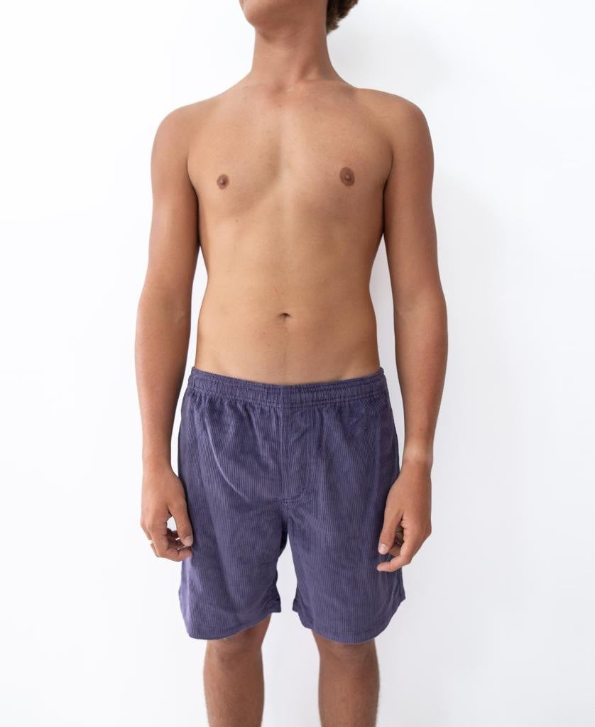 A shirtless person wears the Golden Breed Floyd Cord Elastic Walkshort in Port, standing against a plain white background, facing forward with arms relaxed at their sides.