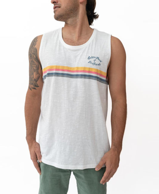 A man wears the Golden Breed GoJo Muscle Tank in Off White—sleeveless, with horizontal yellow, orange, and gray stripes—and green pants, standing against a white background.