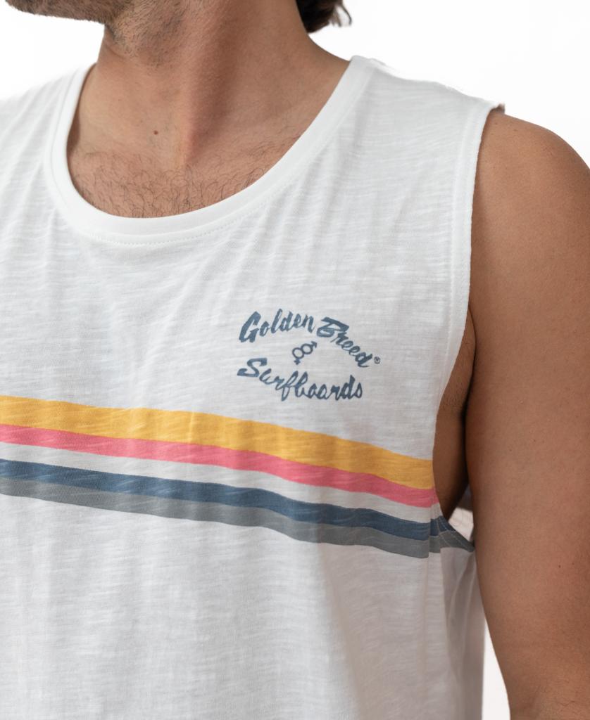 A person in the GoJo Muscle Tank | Off White by Golden Breed—a sleeveless white top with yellow, pink, and blue stripes and “Golden State Surfboards” text—radiates classic 70s retro-cool style.