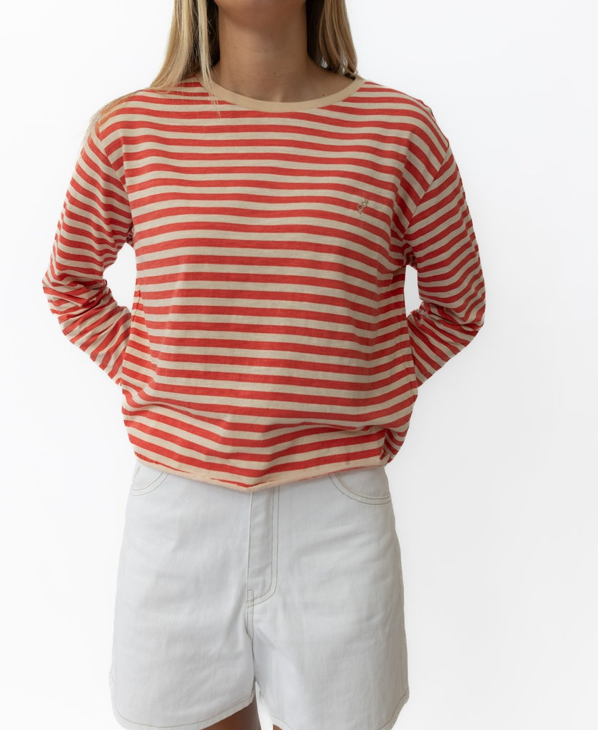 Ollie Stripe LS Ringer | Wash Red/Beige