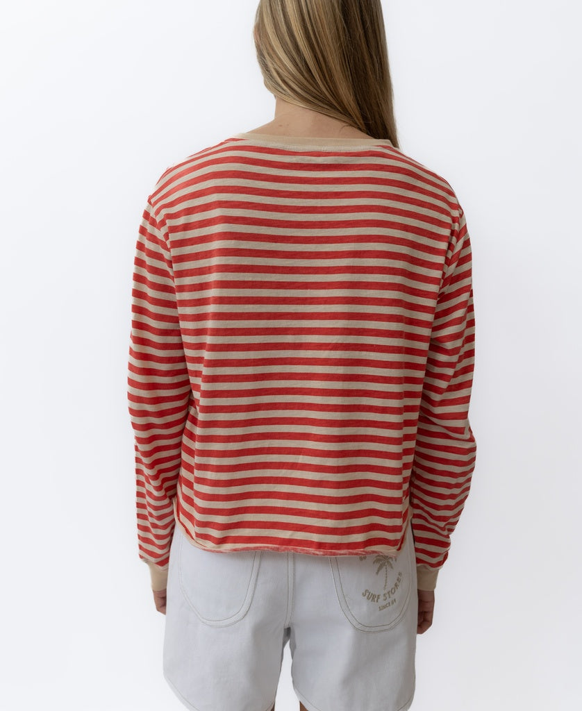 Ollie Stripe LS Ringer | Wash Red/Beige