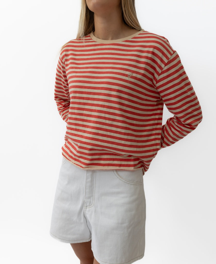 Ollie Stripe LS Ringer | Wash Red/Beige