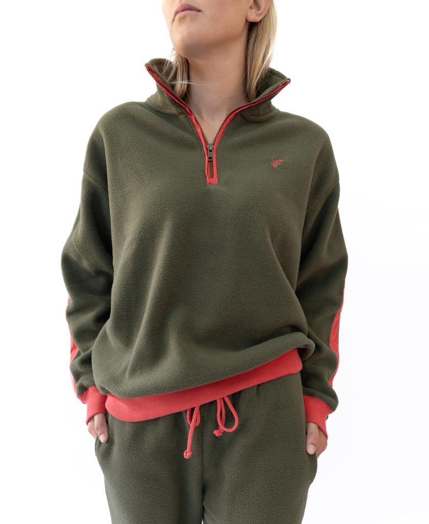 A person wearing the Golden Breed Peggy 1/2 Zip Retro fleece in Dk Khaki/Red with matching pants, standing against a plain white background.