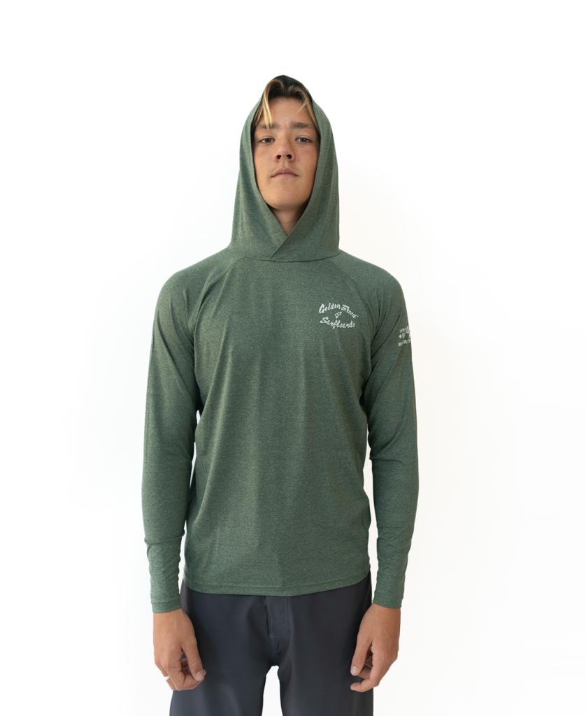 A person wears the Golden Breed Rapper Hoodie Rash Shirt in Green Marle with 50+ UPF protection and dark pants, standing facing forward against a plain white background.
